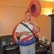 A gamer plays with a special wireless version of the sousaphone controller, meant to increase ease of play.